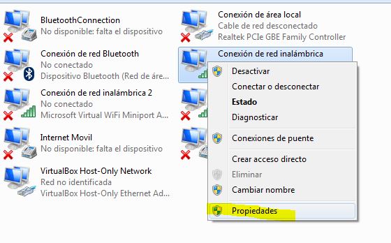 Seleccionar propiedades en adaptador de red windows
